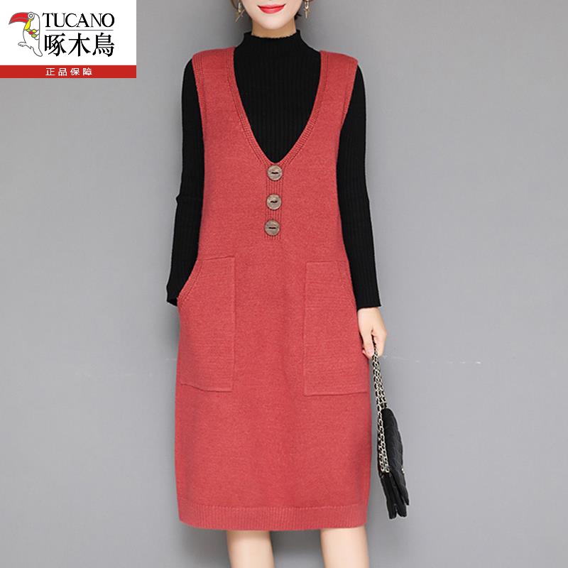 无袖马甲毛衣裙春秋中长款打底衫宽松外穿背心连衣裙过膝坎