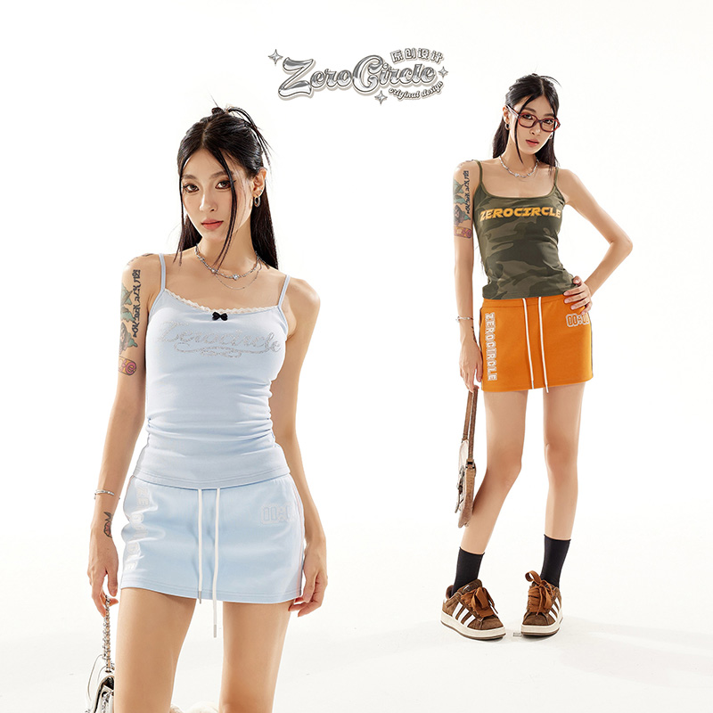 野生zero 蓝橘色字母刺绣松紧腰半身裙 B22878E42