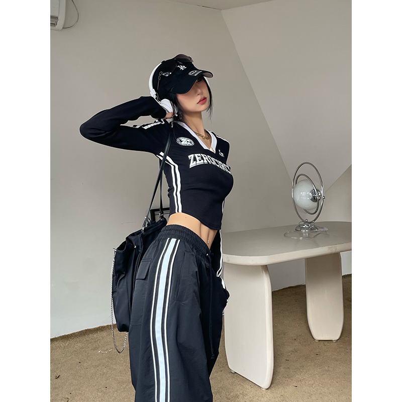 野生zero 灰黑色v领美式复古修身显瘦短款长袖t恤 T4887E23