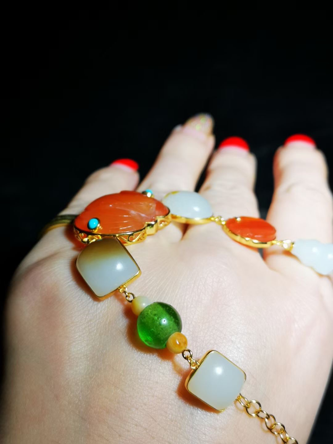 原创设计和田玉18K镶嵌手链古风