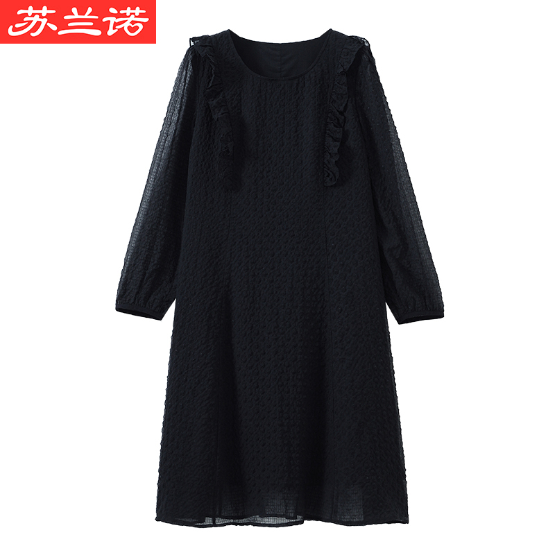 大码女装秋季新款气质圆领木耳褶肌理感显瘦连衣裙