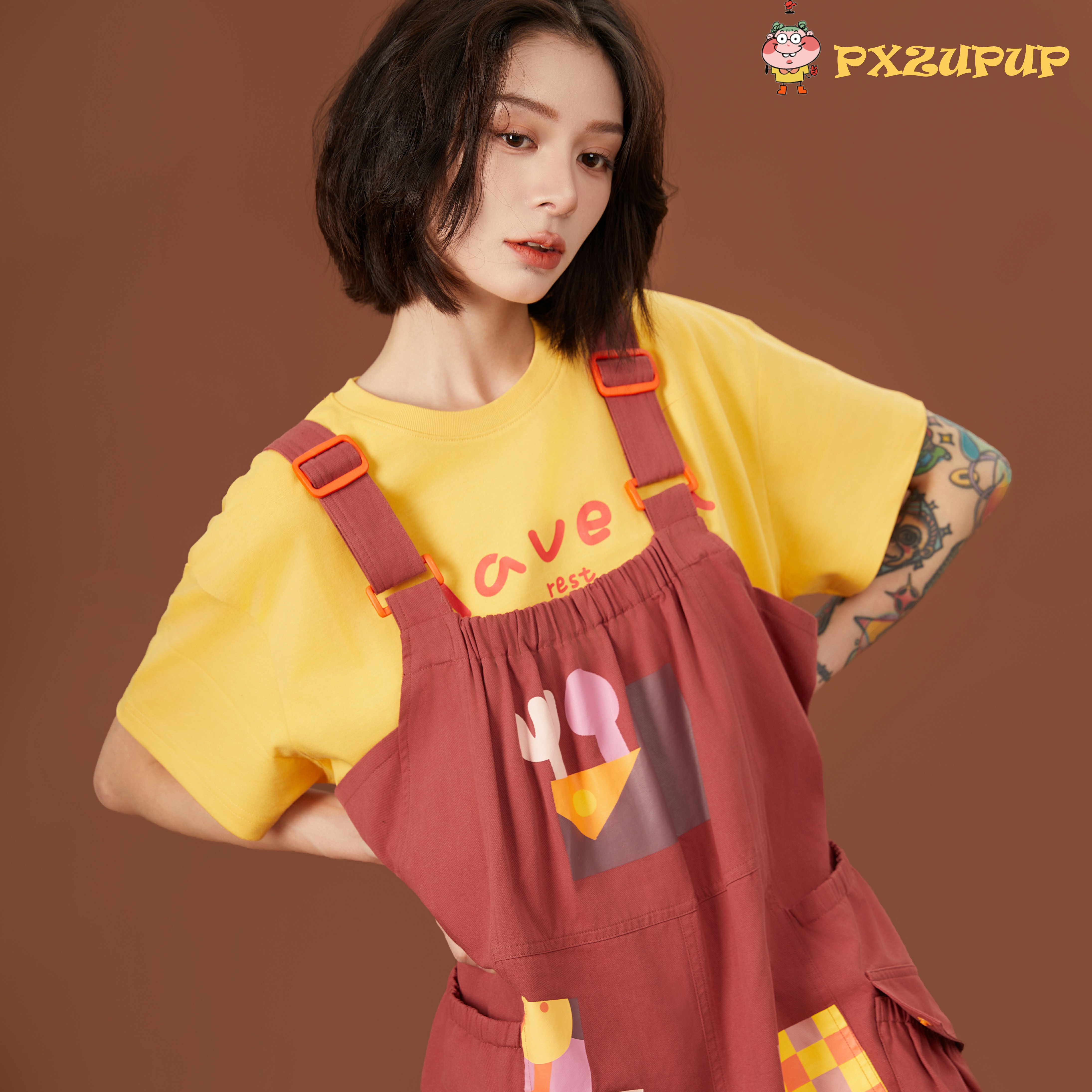 胖仙子饱餐一顿背背裤P63夏季宽松百搭休闲卡通原创设计