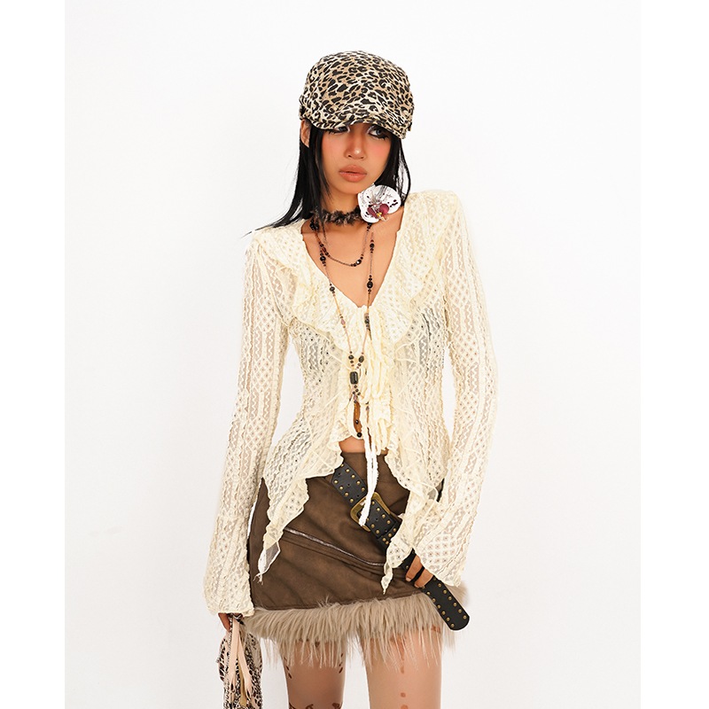 奶酷墨莉【现货】 原创设计款秋季修身镂空绑带长袖开衫上衣S24C061