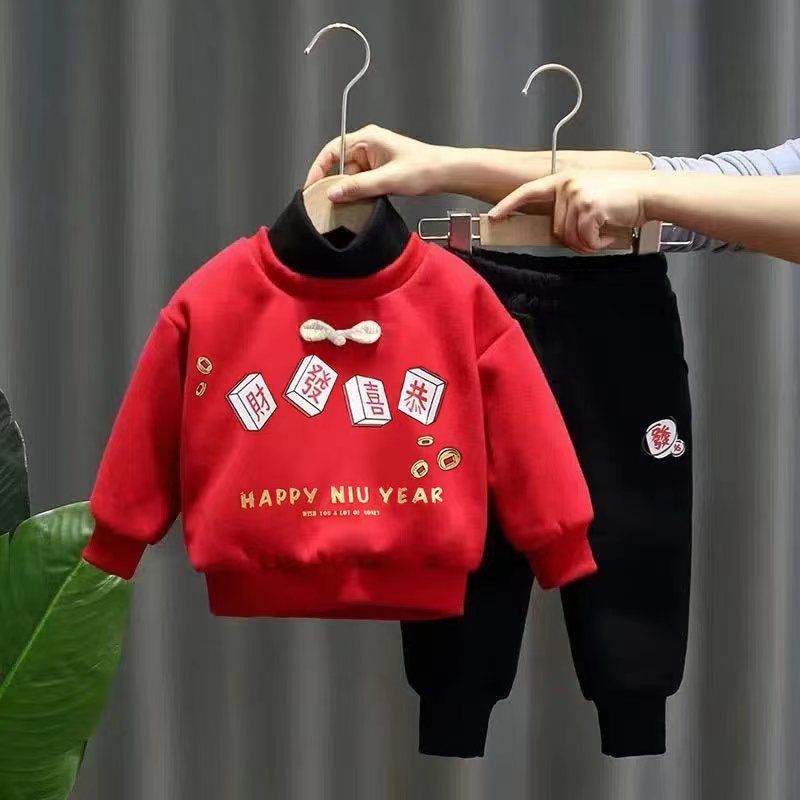 加绒加厚套装洋气中小童过年喜庆卫衣卫裤中国风男女宝拜年服Q16