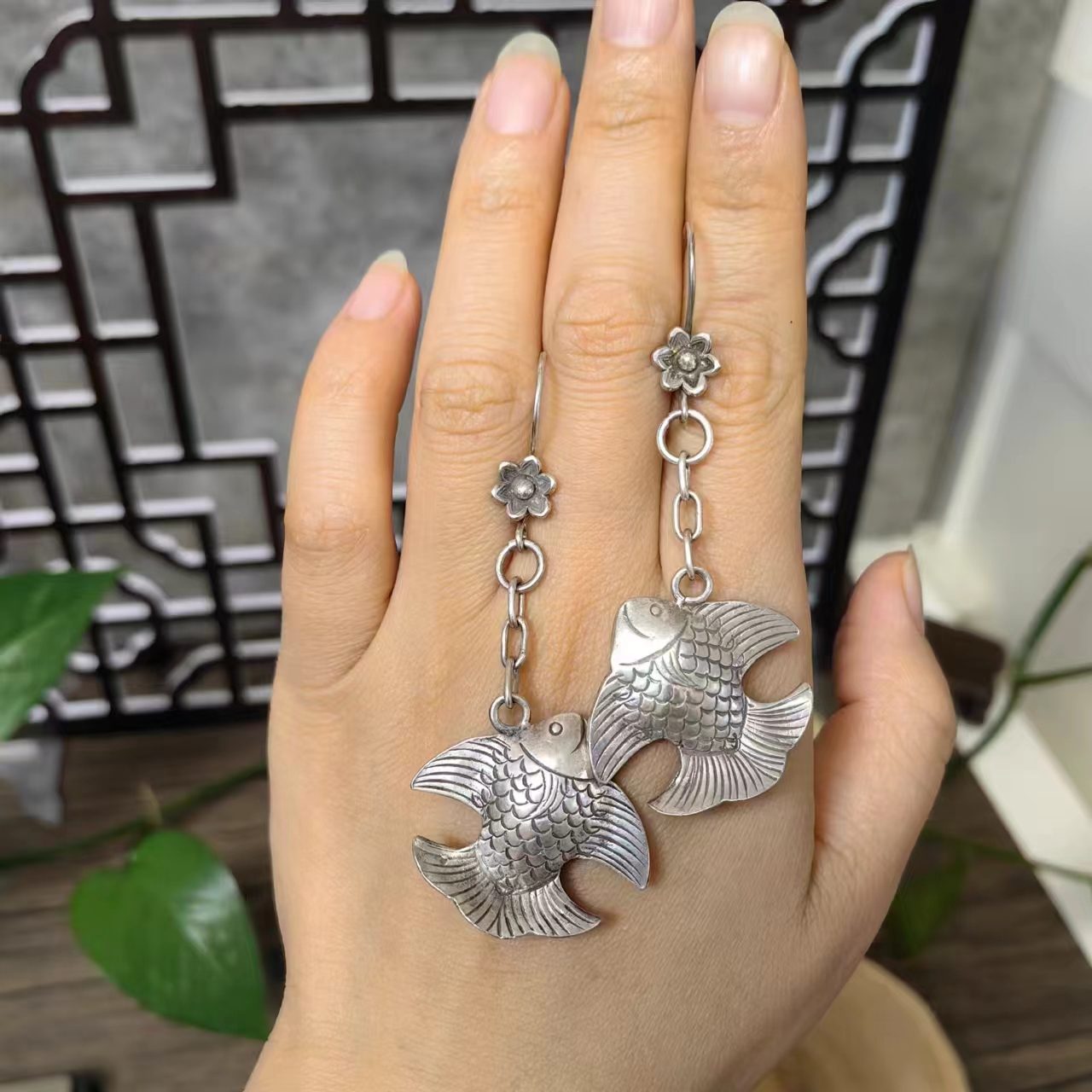 LYliuyng 925银耳饰 清迈手工银双面鱼耳饰耳坠复古银流苏耳环