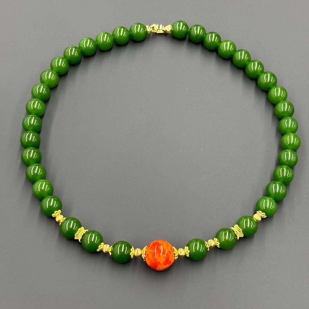 【符老板】x629-国风设计款金宝绿圆珠项链-东陵玉项链-赠礼盒