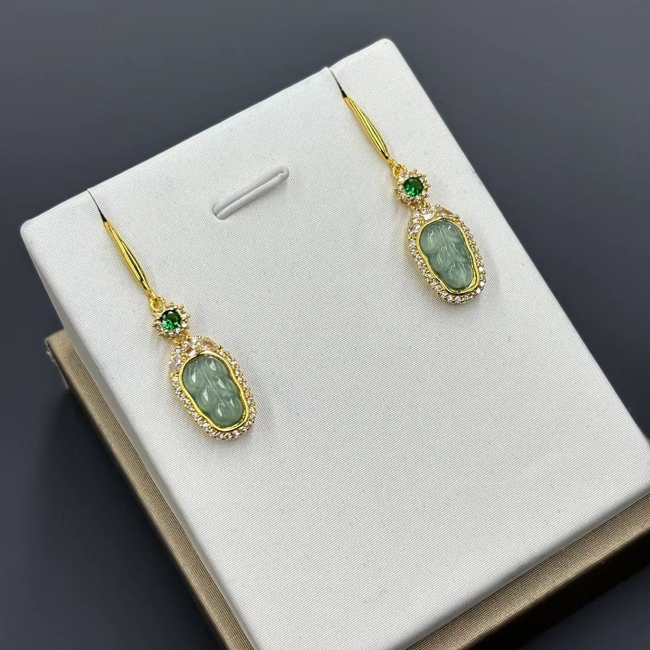 【符老板】f961-国风翡翠叶子耳坠-翡翠叶子耳坠-赠礼盒