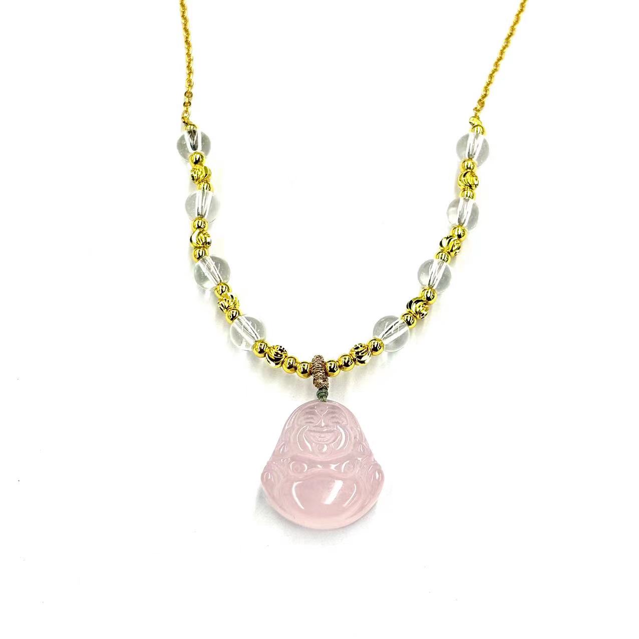 【符老板】y2496-国风设计款冰花芙蓉粉兔毛水晶佛公项链-赠礼盒