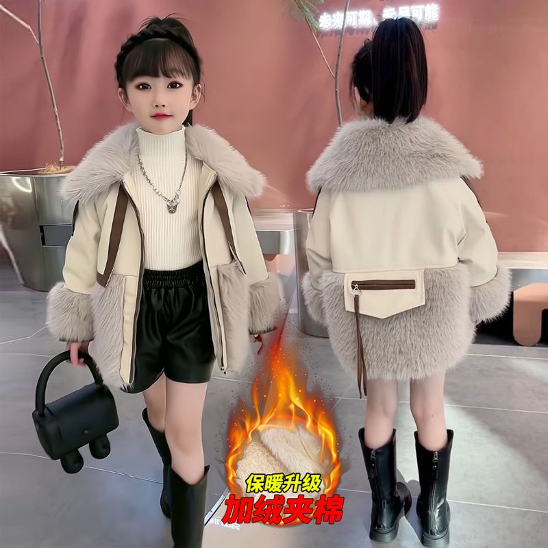 秋冬新款女童外套秋冬新款儿童装洋气中大童加绒皮毛一体派克服女