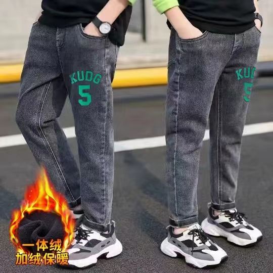 秋冬新款男童加绒牛仔裤冬季新款中大童潮流帅气一体绒裤子男孩长