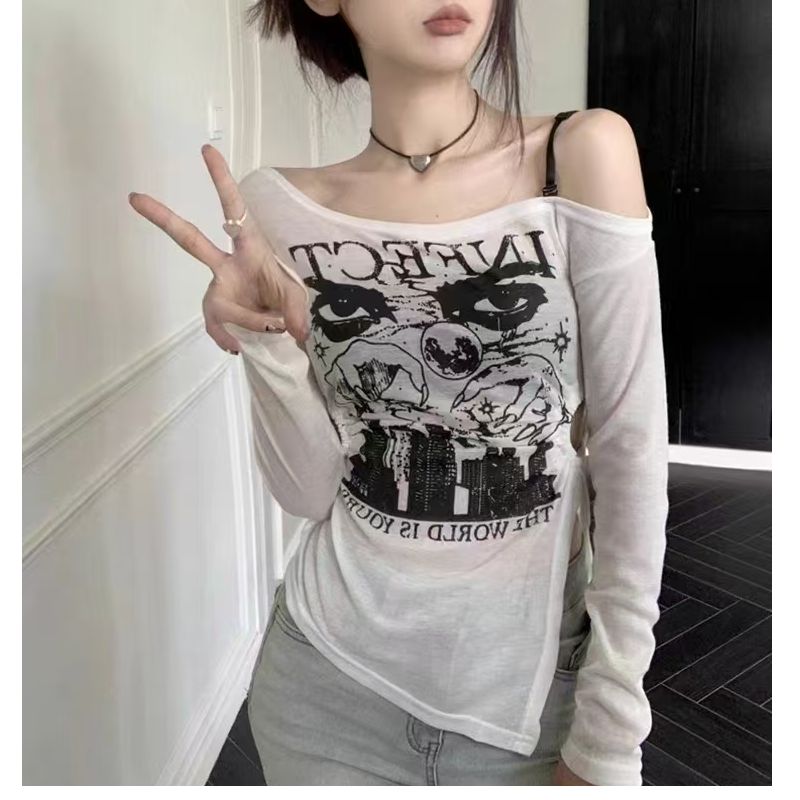 【老四推荐】大码性感辣妹甜酷风露肩收腰显瘦上衣（黑色白肩带）853