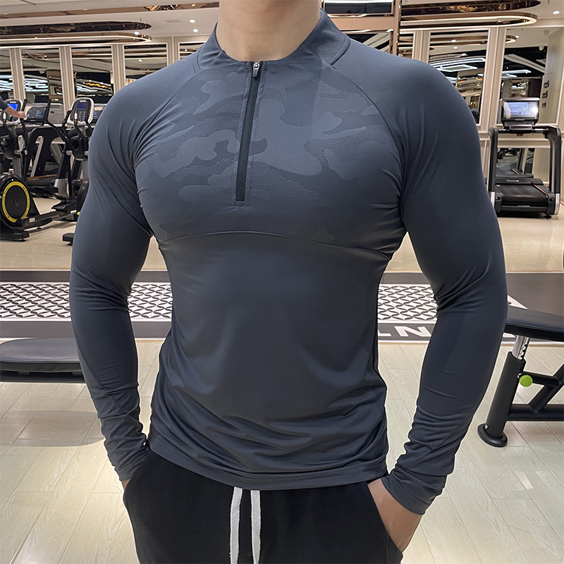 立领紧身衣男透气弹力速干衣跑步健身训练长袖半拉链休闲服打底衫