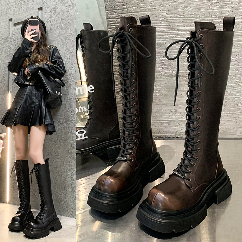 红蜻蜓牌秋冬2023英伦风厚底骑士靴女方头系带不过膝高筒长靴机