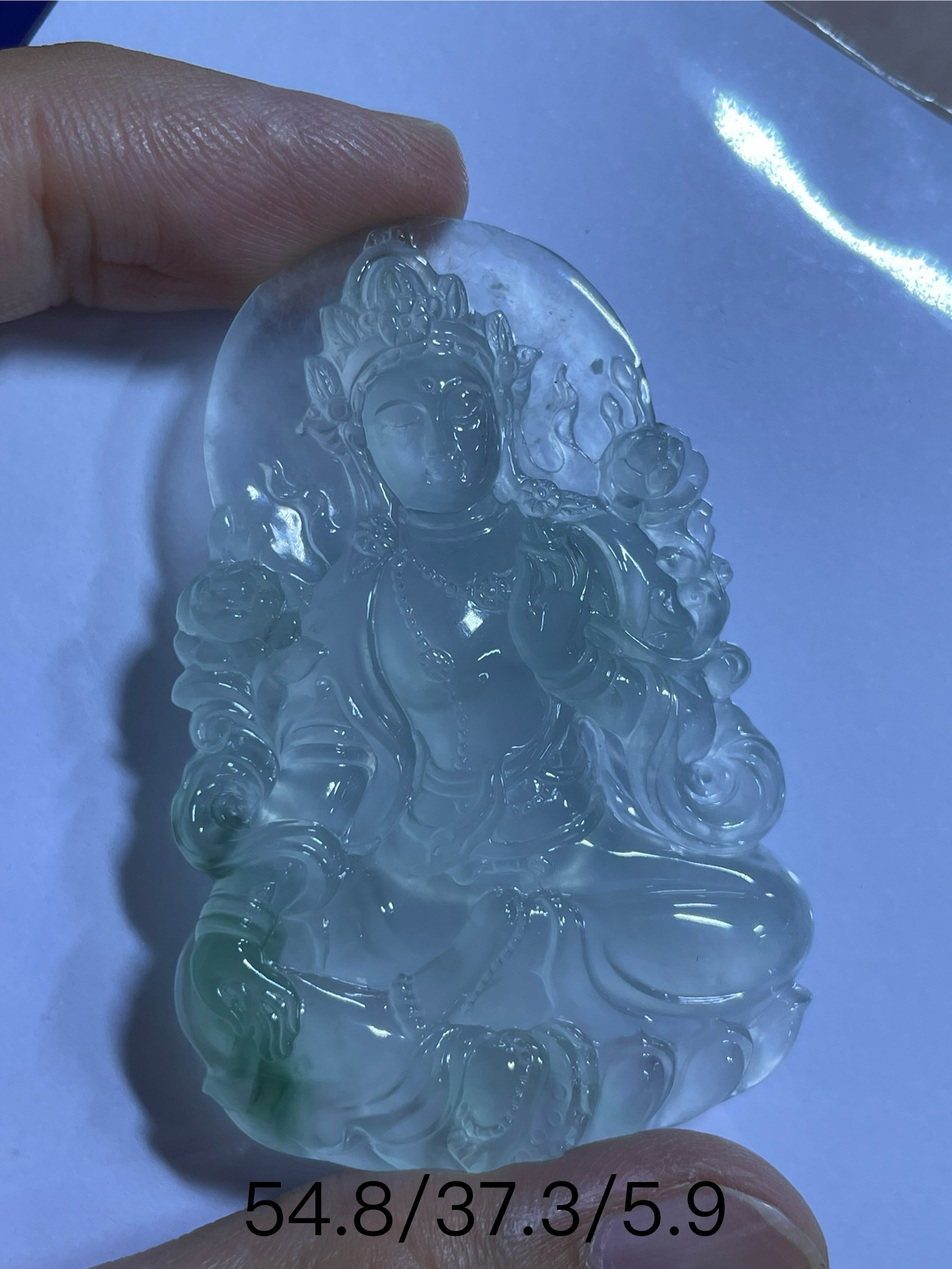 天然缅甸翡翠A货度母吊坠，高冰种，水头好，飘花，男士配戴