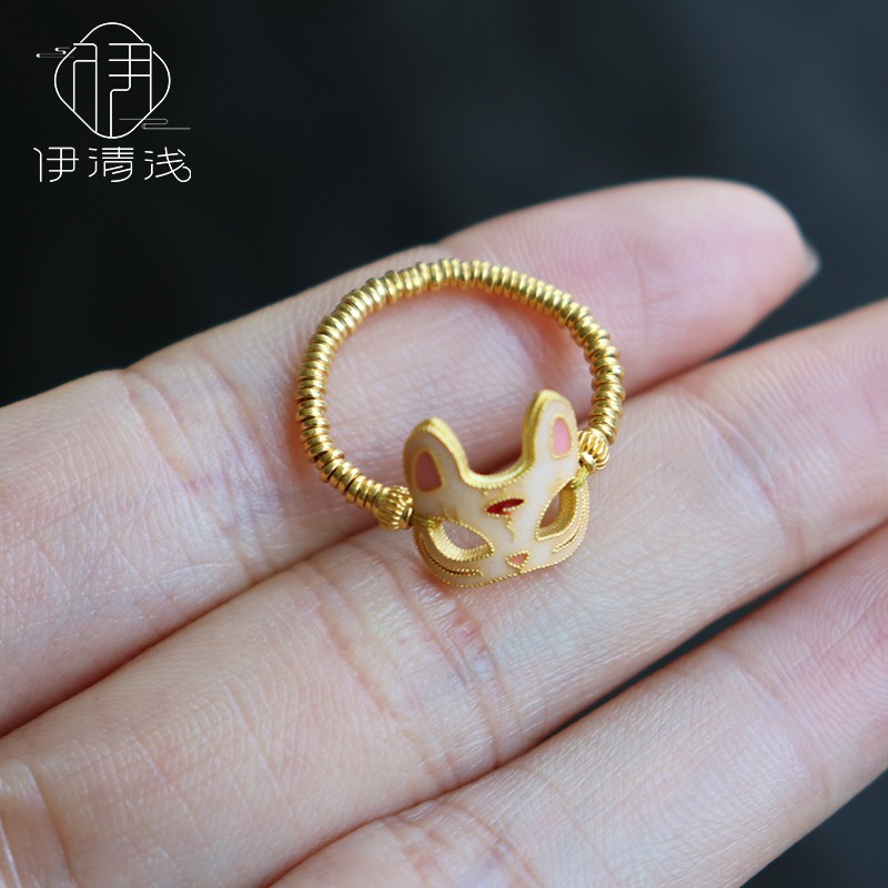【狐仙戒指】伊清浅999足金高温烧蓝极细编绳戒指本命年红绳古法