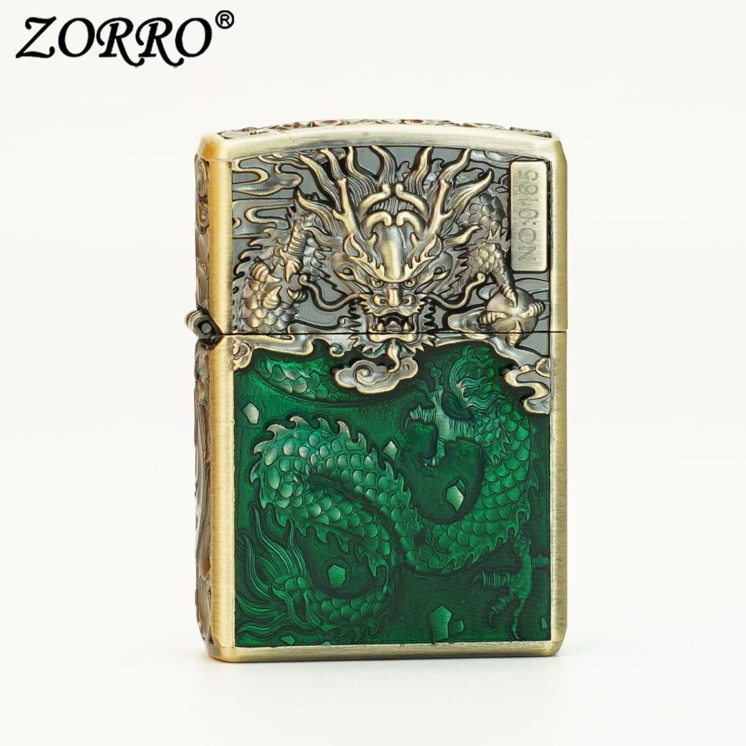 佐罗防风煤油打火机龙凤呈祥青铜点绿点蓝ZK27