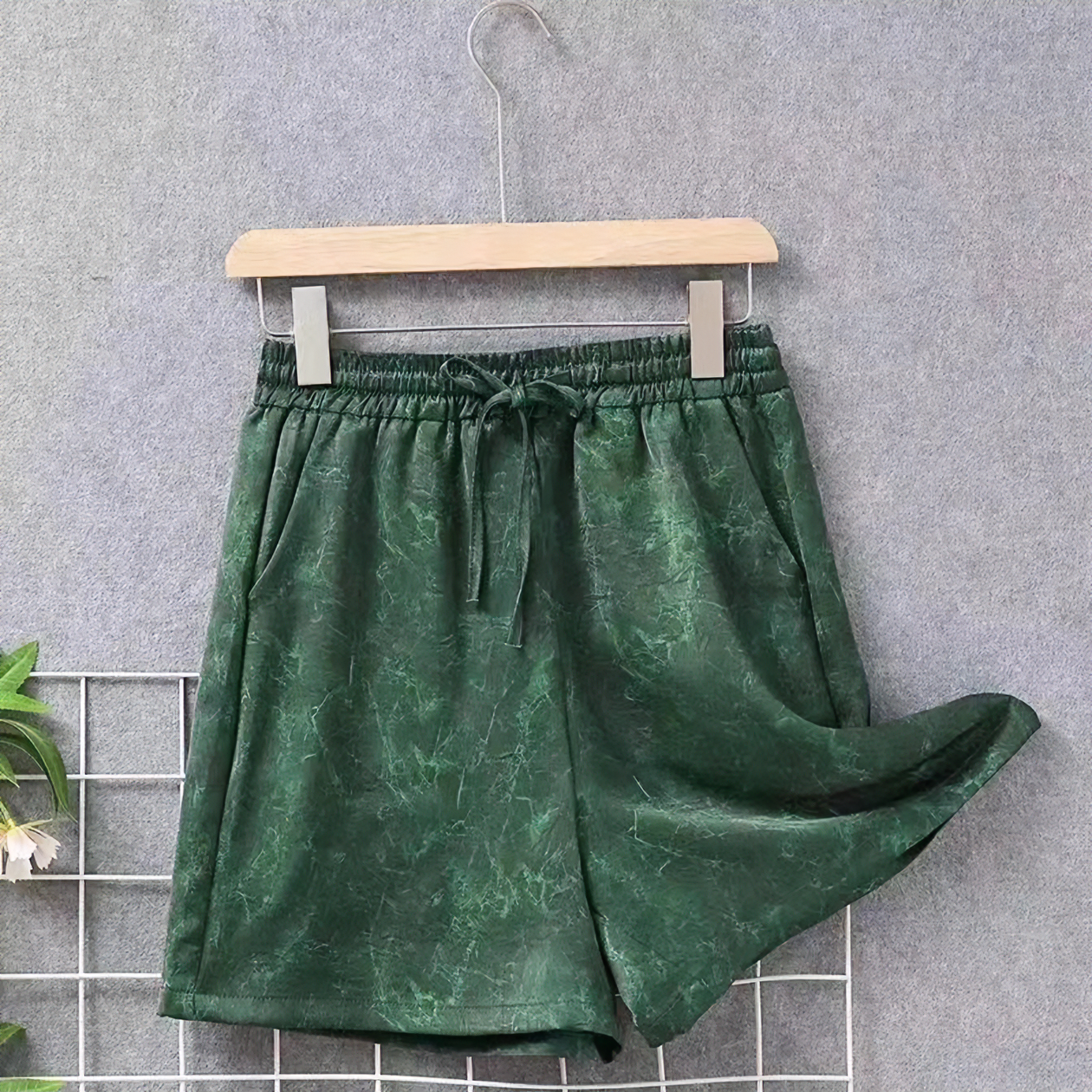 【油皮老料】高端定制龟裂纹老料油皮松紧腰抽绳女士夏季短裤023