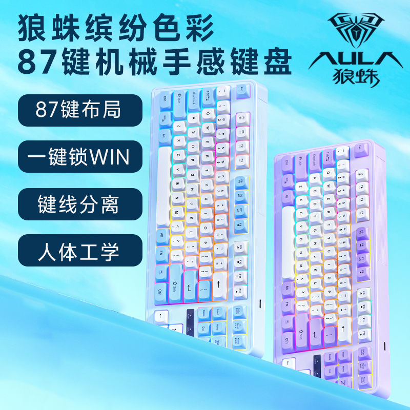 95新 AULA/狼蛛 游戏键盘s3012游戏手感女生办公有线发光键盘