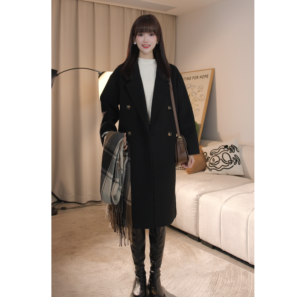 初春战袍四粒扣双面呢大衣显瘦双排扣毛呢外套大衣6001