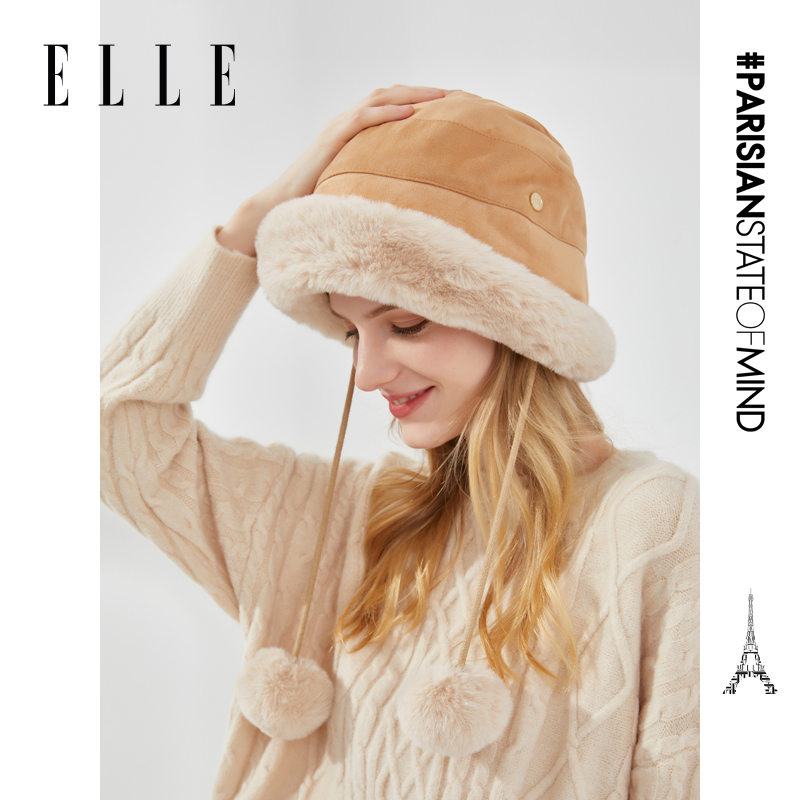 ELLE渔夫帽子女冬款可爱带毛球保暖绒帽羊羔绒防风盆帽33WE16011