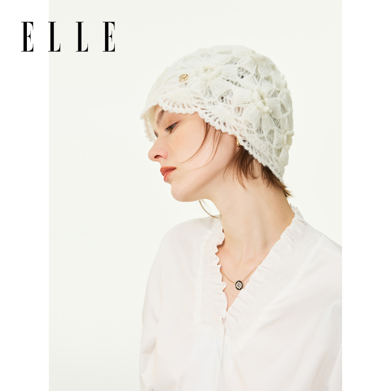ELLE【专属】仿珍珠手钩花瓣帽秋冬女优雅时尚保暖蓬松帽35WE17030