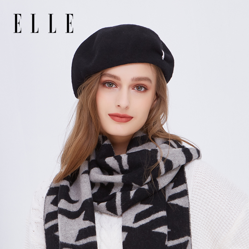 ELLE羊毛贝雷帽女冬季新款保暖帽子洋气时尚纯色八角帽21WE14010