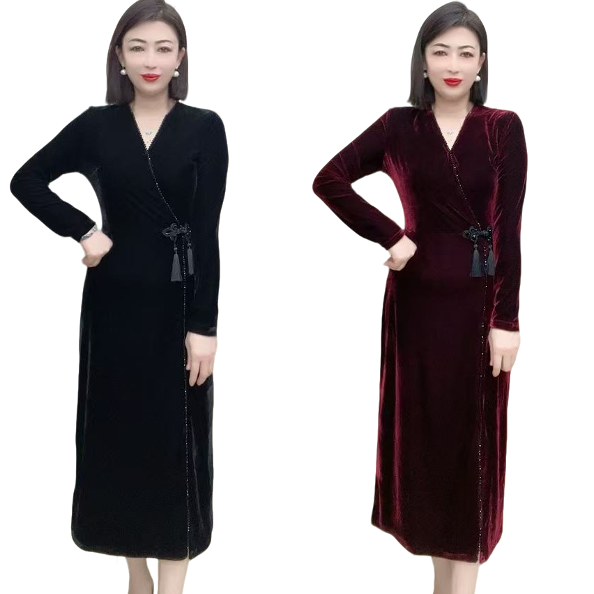 FENGJI2024新款丝绒新中式盘扣V领长款连衣裙时尚遮肉显瘦2979