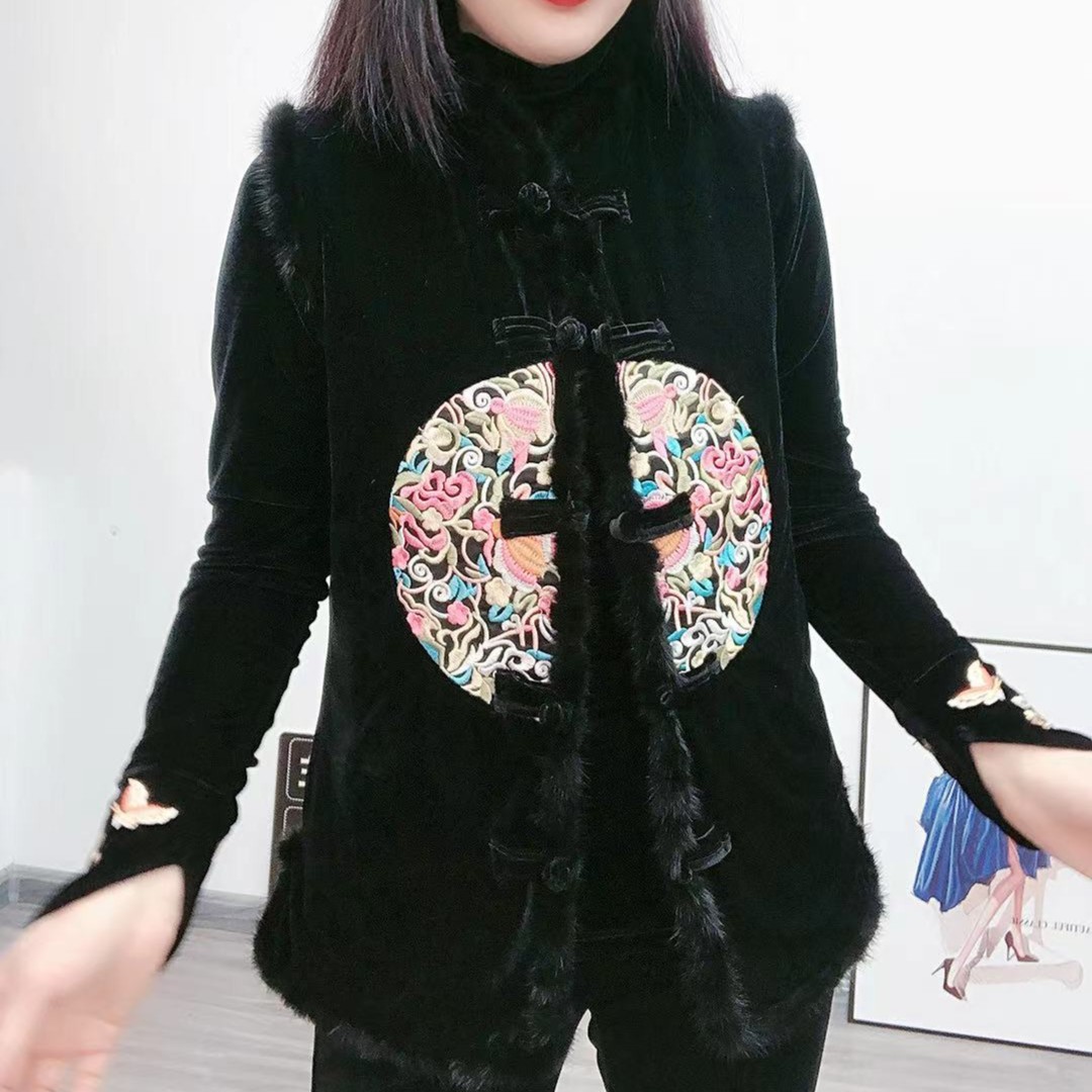 FENGJI 2022新款丝绒国风刺绣盘扣配真毛加棉马甲时尚洋气1188