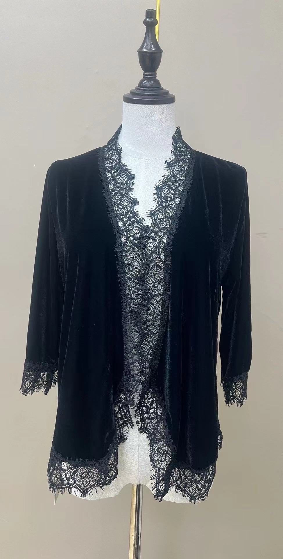 FENGJIE断码清货丝绒上衣女外套加蕾丝花边黑色洋气时尚百搭9003