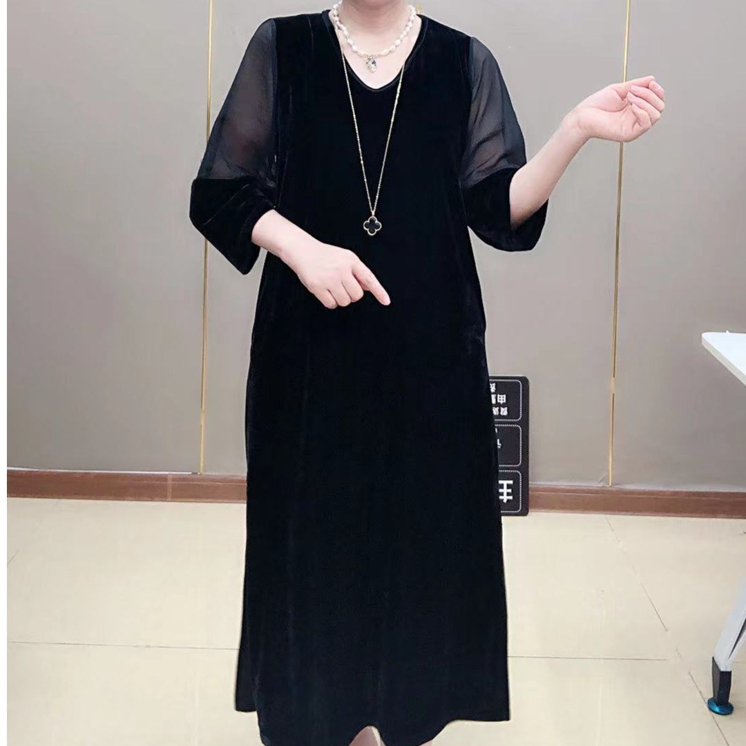 FENGJIE断码甩货丝绒中袖长款连衣裙9018