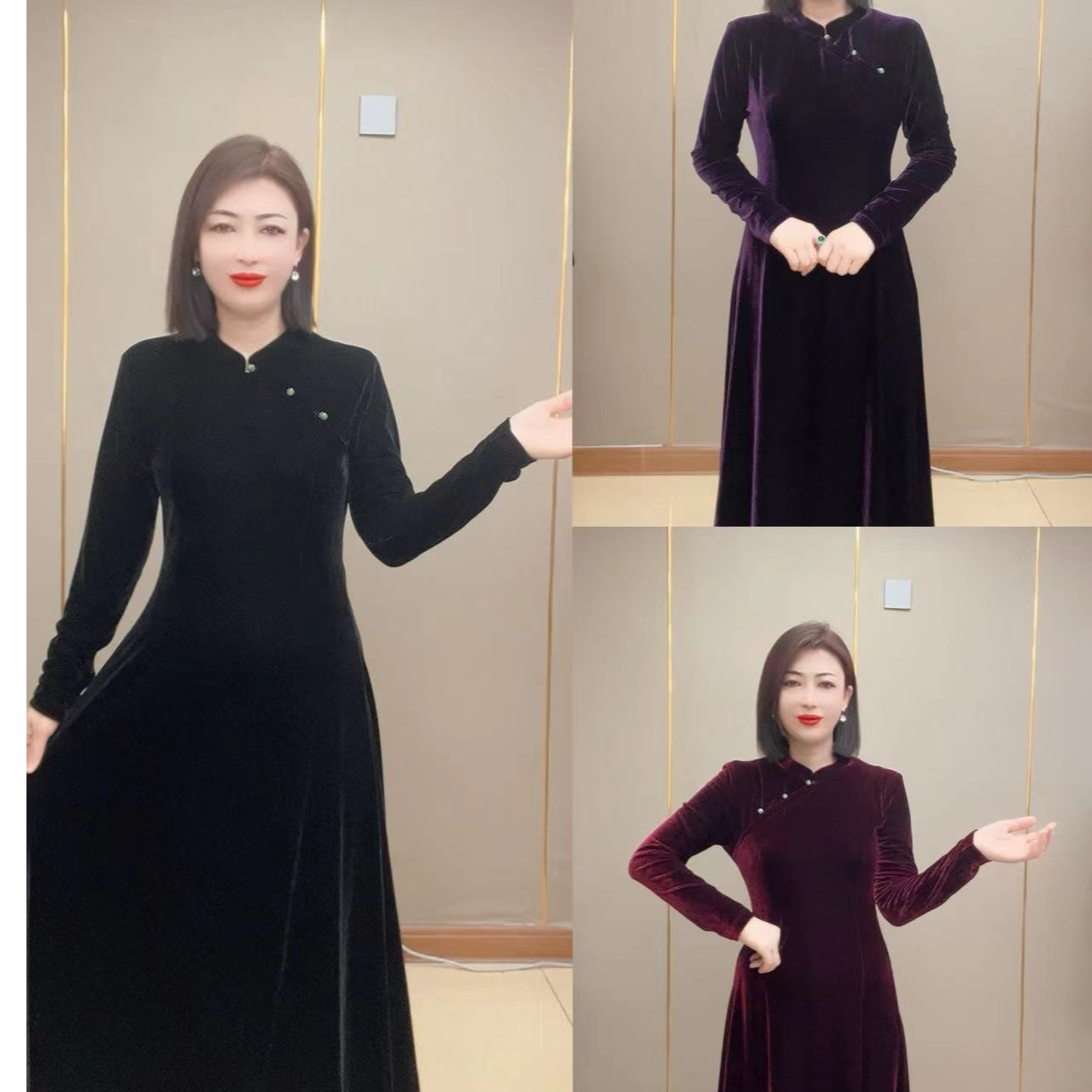 FENGJIE 2024秋冬新款丝绒时尚减龄显瘦大摆长袖长款连衣裙1091