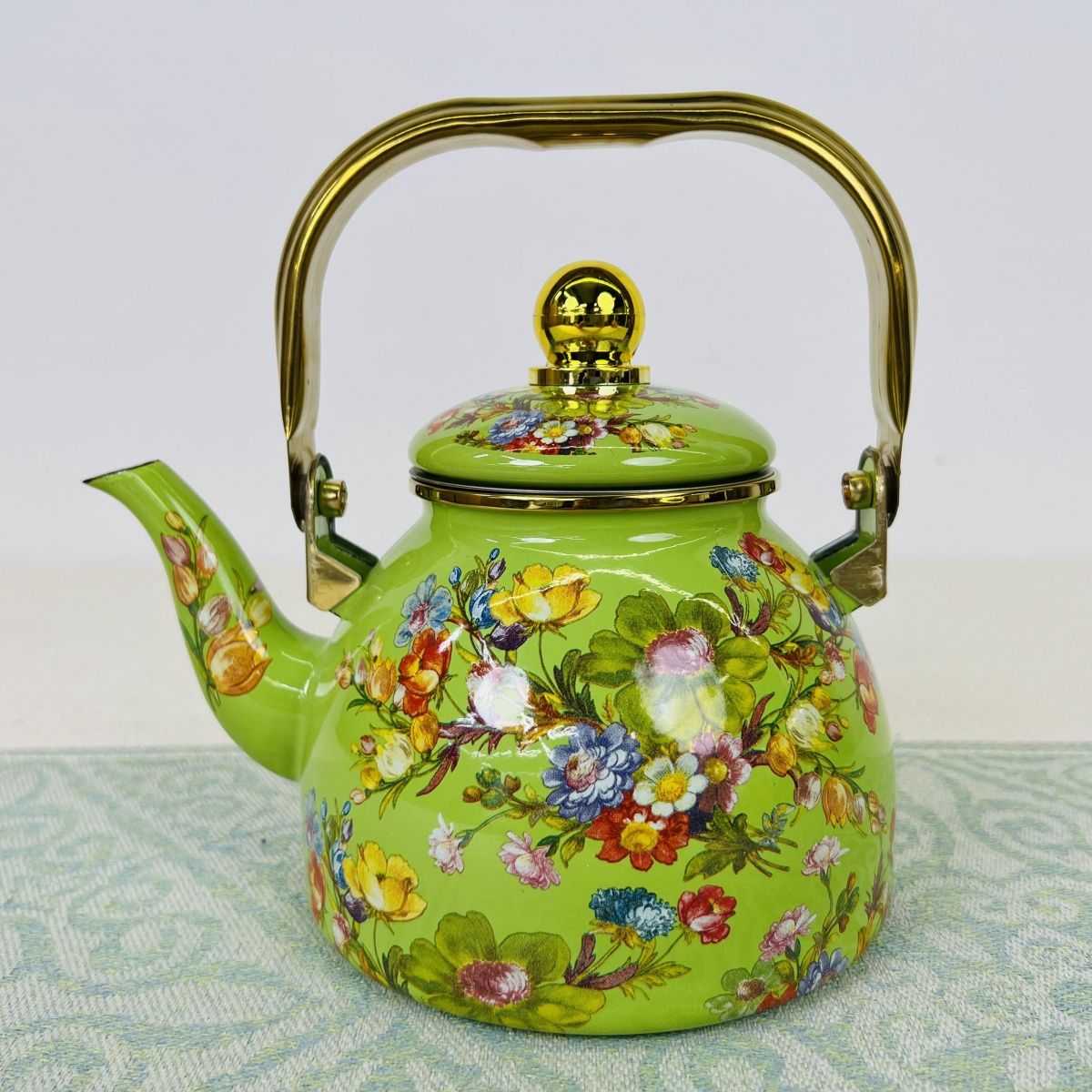1.2L绿底七彩花珐琅搪瓷加厚带滤网烧水壶煮茶壶家用油壶醋壶