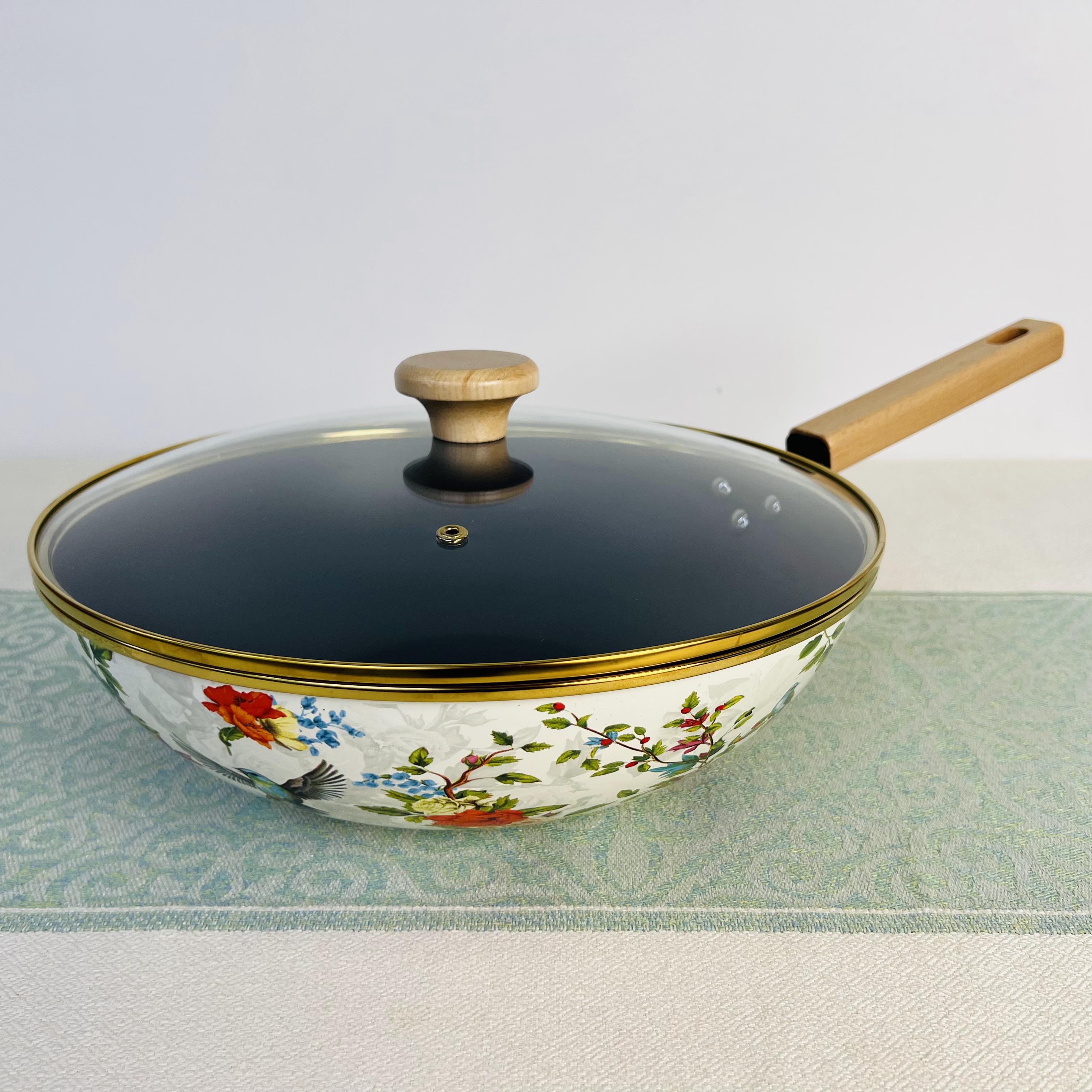 【外贸品质】30cm纳米微陶珐琅炒锅0涂层不粘锅搪瓷木柄炒锅【花鸟】