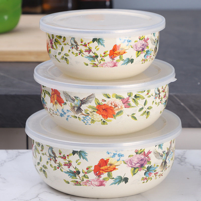加厚珐琅搪瓷带盖三件套保鲜碗储藏密封碗冰箱保鲜套碗【花鸟】