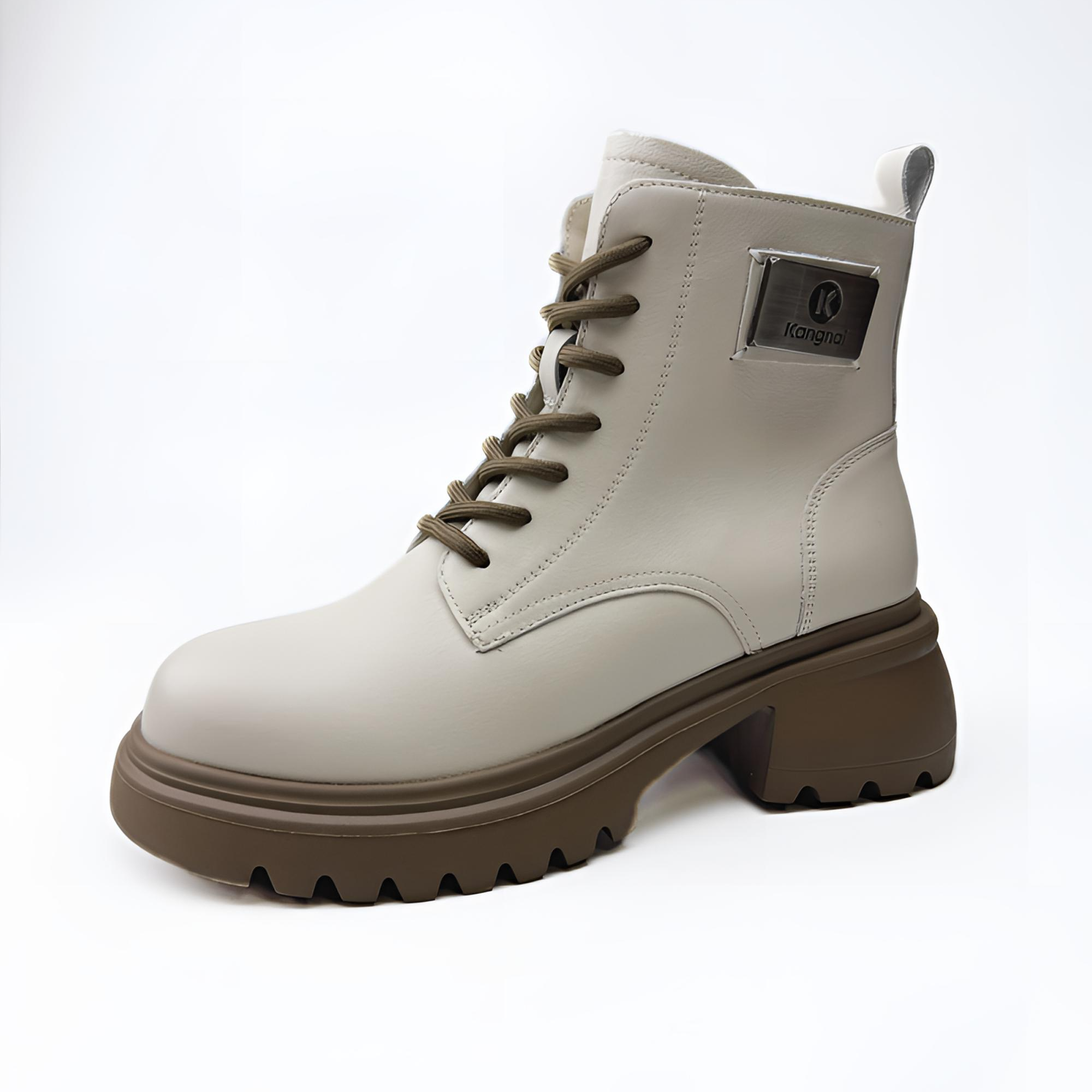 KANGNAI/康奈11146162英伦风圆头真皮系带轻质厚底马丁短单女靴