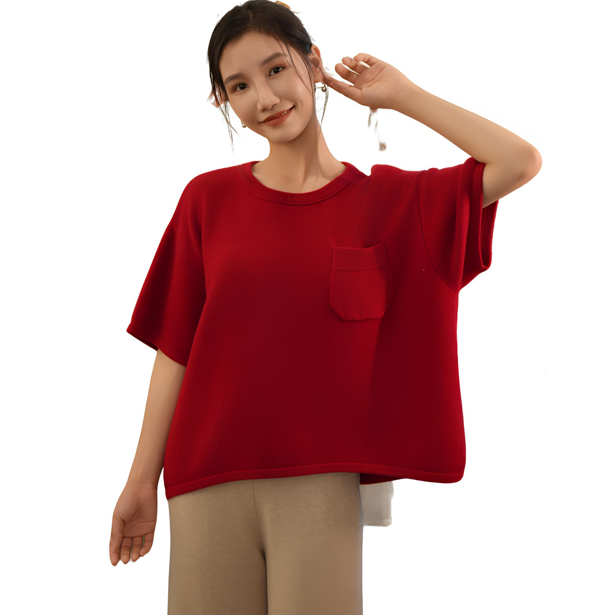 羊绒园领女半袖套休闲衫女士夏季红色宽松纯色圆领大码针织短款