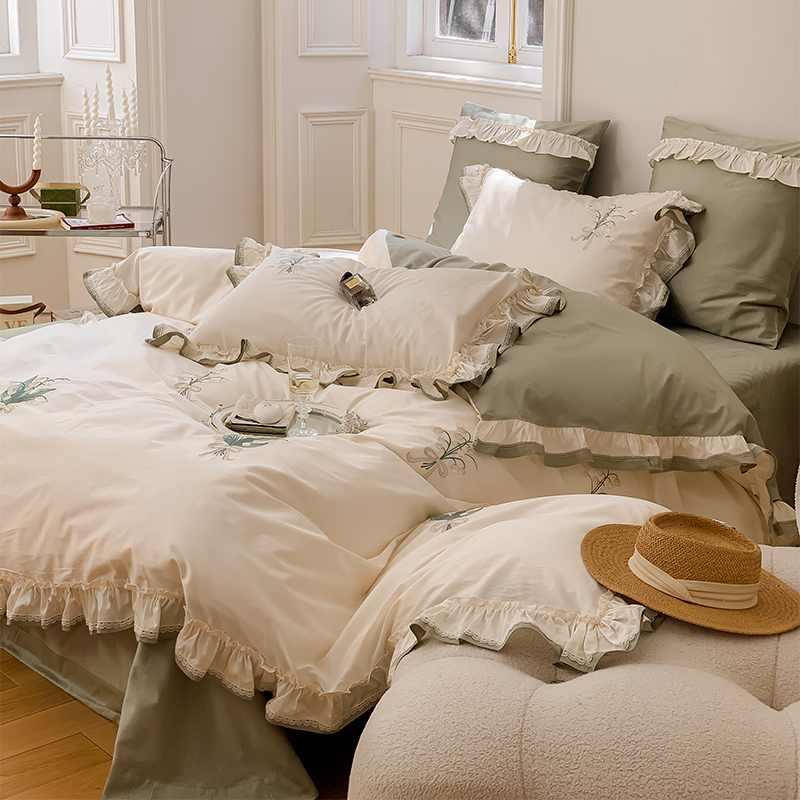 幽谷佳人 / 法式浪漫100S澳棉长绒棉四件套少女心荷叶边花卉刺绣