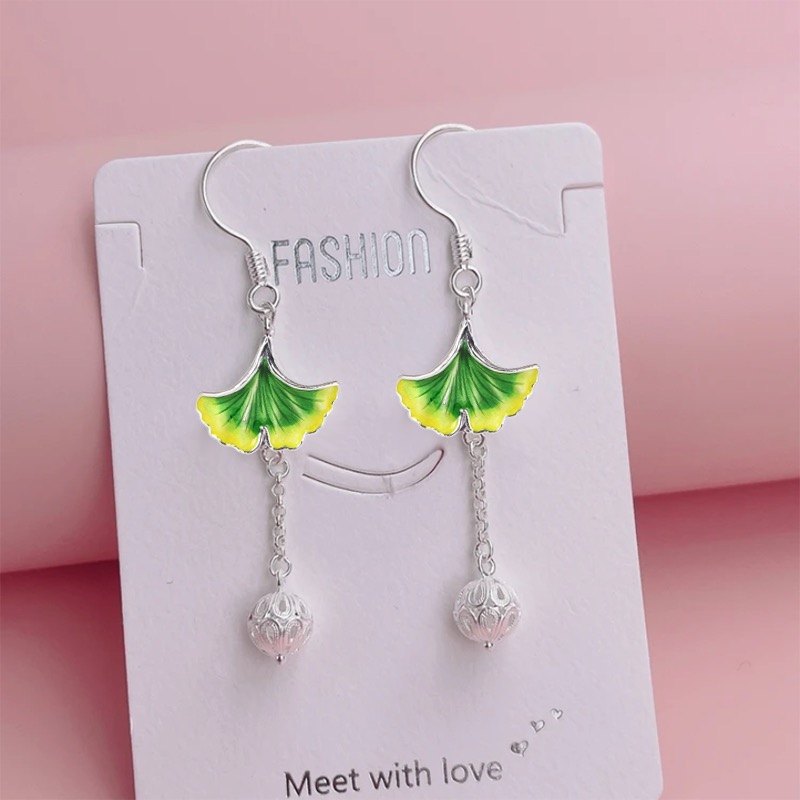 足银耳饰 纯银杏叶绣球流苏耳钩耳环耳坠手工长款中国风复古 百搭