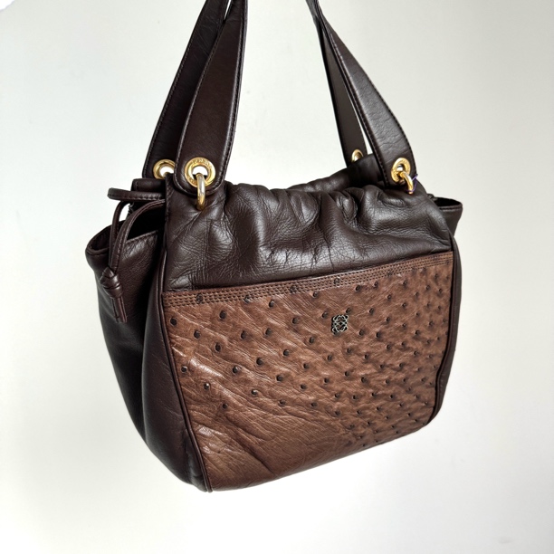 95新 LOEWE/罗意威 棕色雕花logo托特单肩包
