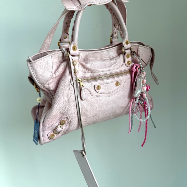 95新 Balenciaga/巴黎世家 粉金中号机车单肩斜挎包