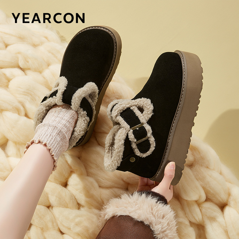 意尔康女鞋冬季新款低帮雪地靴女加绒保暖厚底女棉靴短靴29690W