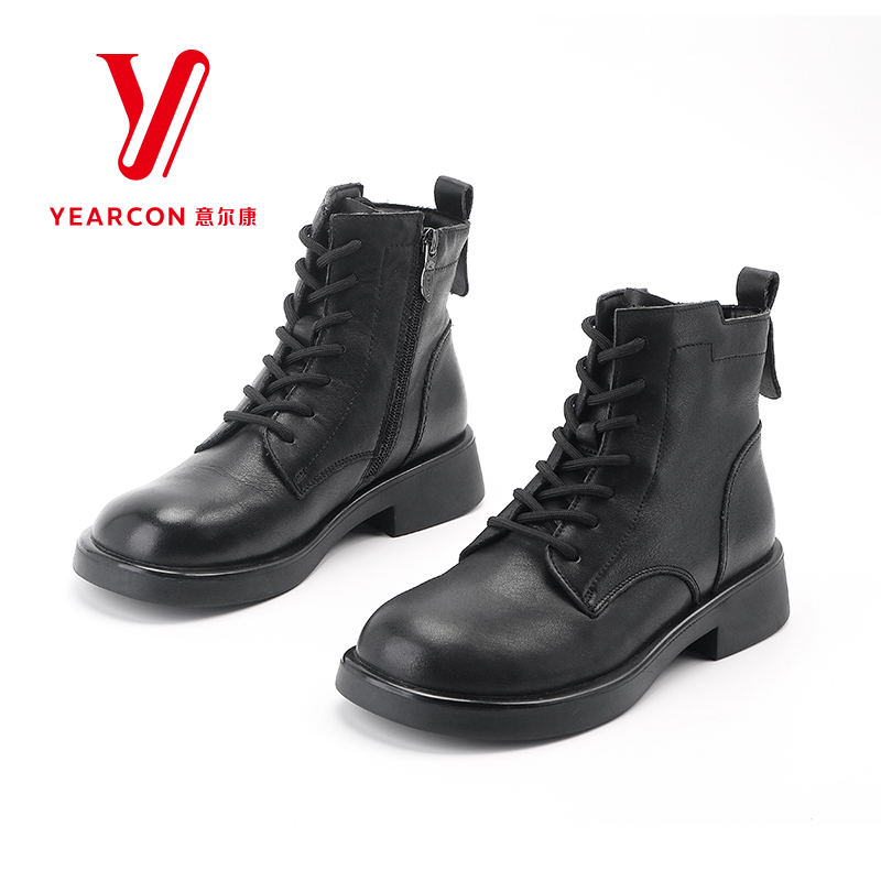 意尔康女靴秋冬款女鞋真皮马丁靴女厚底短靴加绒靴子皮棉靴267443