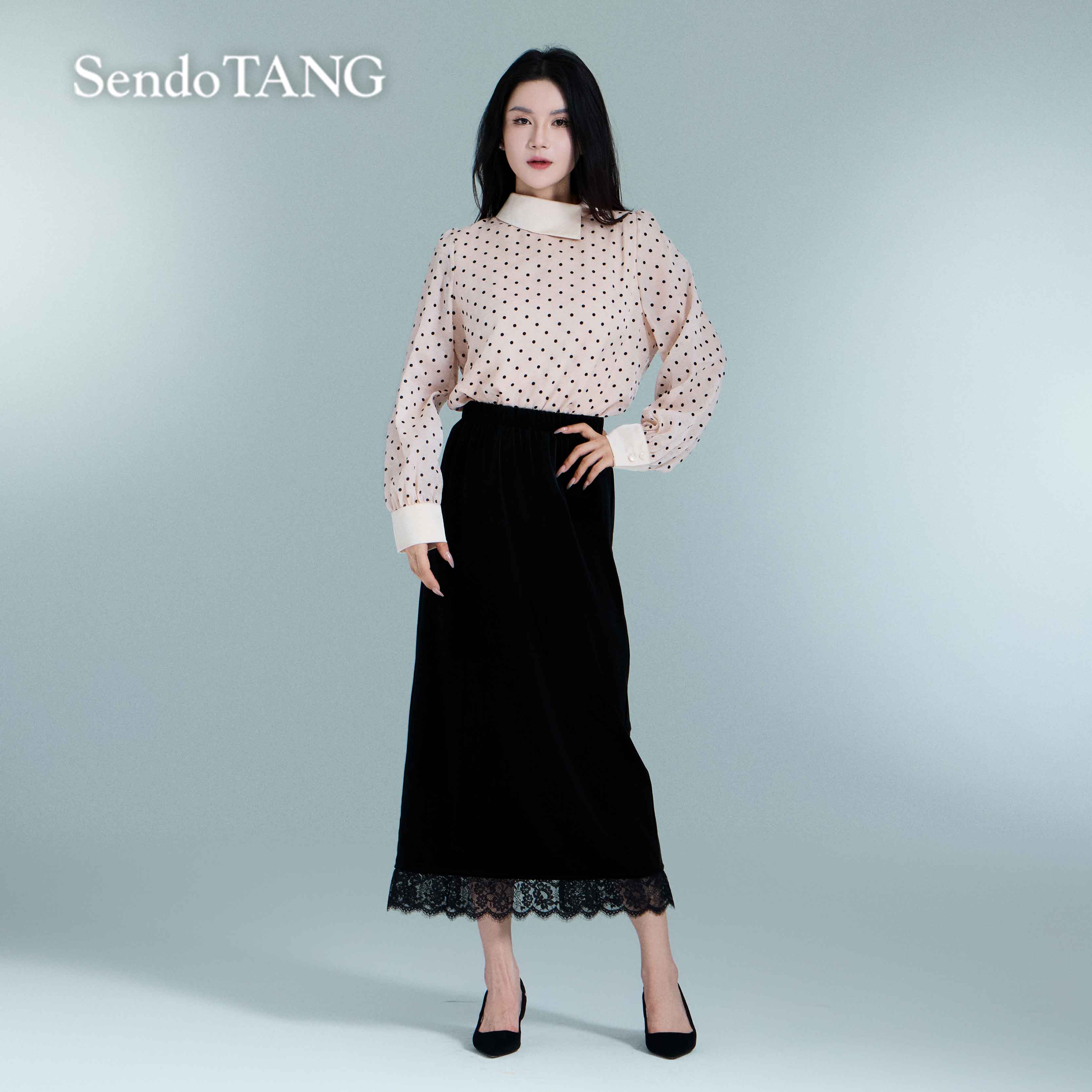 今年流行【魅力磁场】胖多女装时尚优雅波点衬衫蕾丝拼接半裙套装