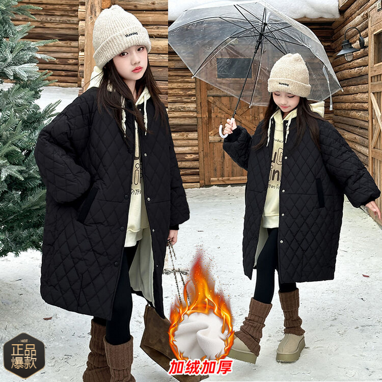 棉服女童过膝加绒加厚2024新款高级宽松菱格ins中长款冬装学生外