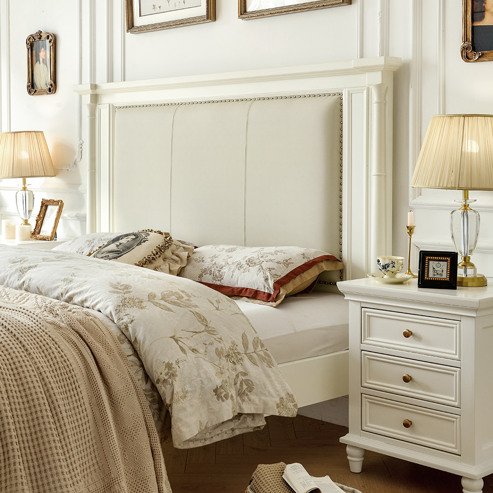 美式床奶油白色实木床真皮软靠家用双人床主卧室高靠背家具高箱床