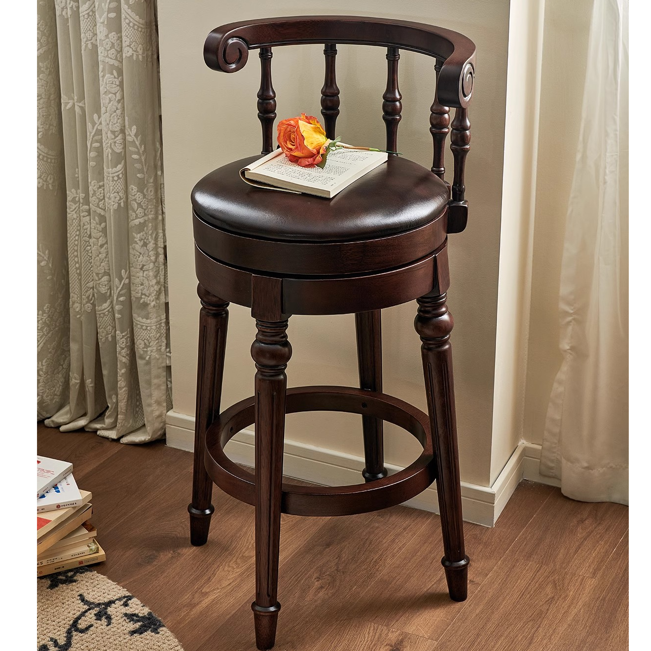 美式实木旋转吧台椅高脚凳客厅阳台休闲椅高级感复古风家用高椅子