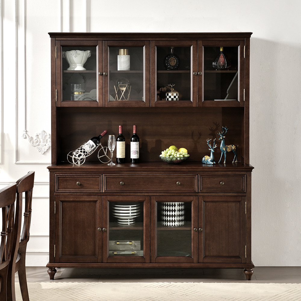 美式全实木四门餐边柜高柜一体酒柜客厅靠墙储物柜茶水柜家具置物