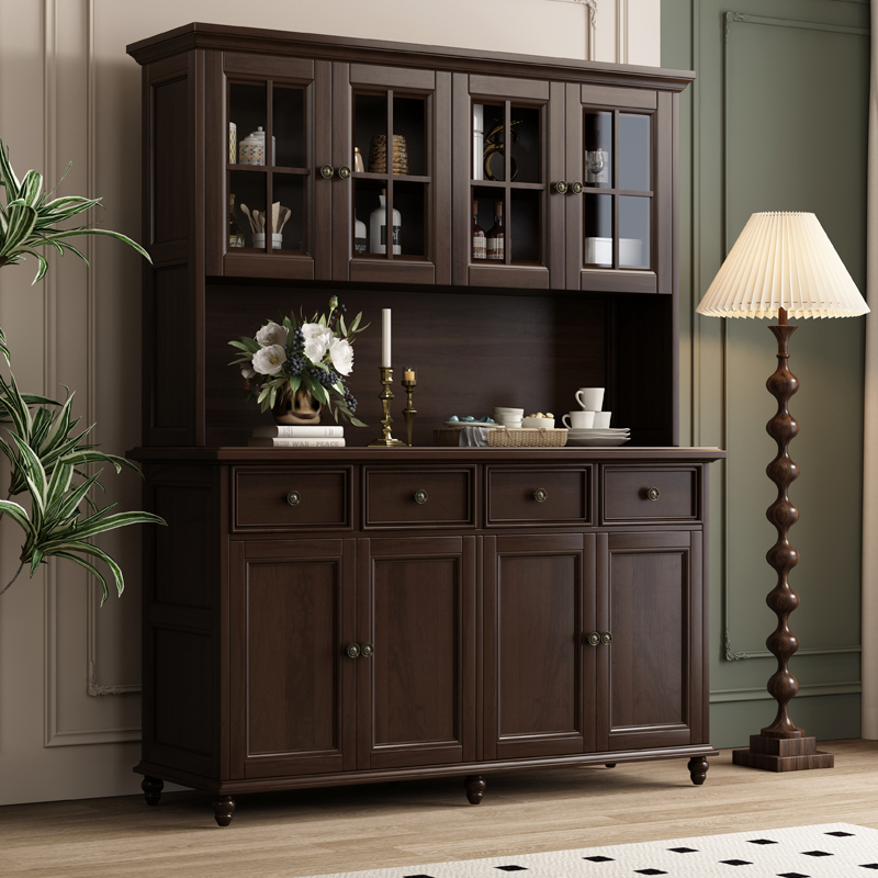 美式实木加高餐边柜组合落地靠墙餐厅碗柜储物柜大容量边柜带抽