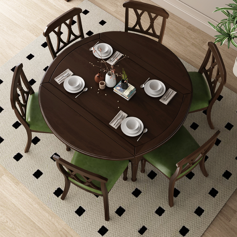 【人气款】美式实木可伸缩折叠餐桌椅组合小户型乡村纯实木可变圆桌