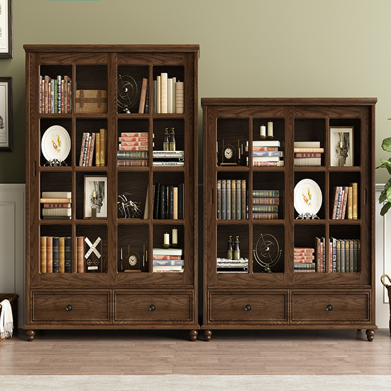 格蕾尔美式实木书架推拉滑移动书柜家用客厅卧室小户型省空间书橱